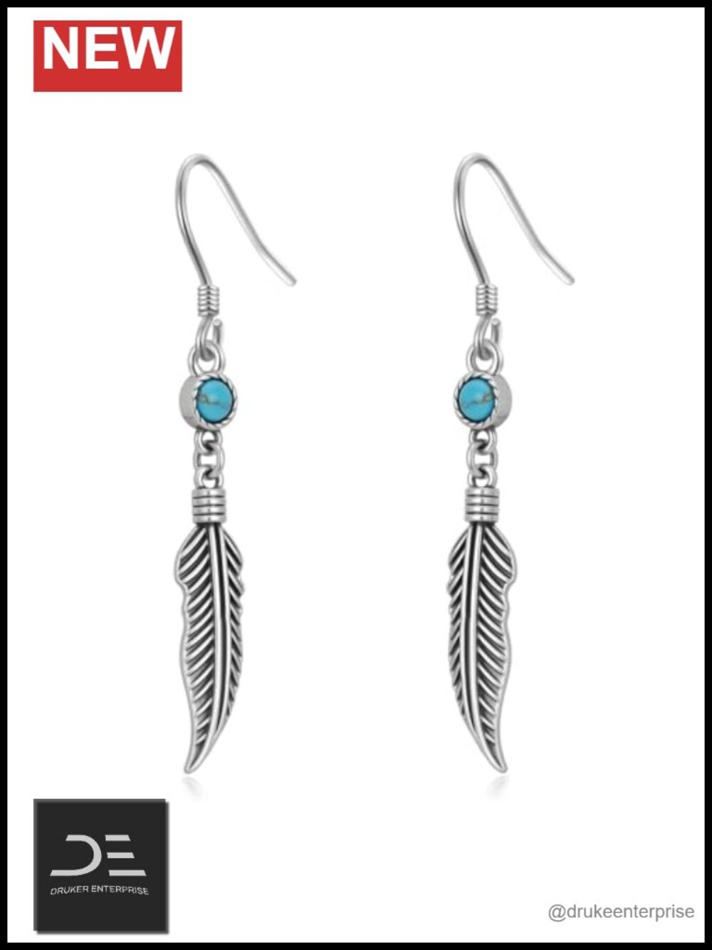 925 Sterling Silver Real Turquoise Feather Drop Dangle Earrings Southwestern